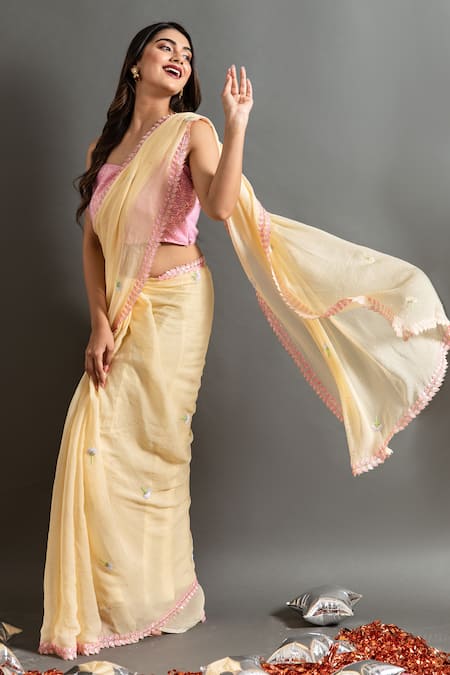 Shop Ruar India Yellow Chiffon Sequins Sweetheart Neck Canary Embroidered Saree With Blouse at Aza Fashions Shop_Ruar India_Yellow Chiffon Sequins Sweetheart Neck Canary Embroidered Saree With Blouse _at_Aza_Fashions