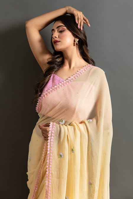Ruar India Yellow Chiffon Sequins Sweetheart Neck Canary Embroidered Saree With Blouse Online at Aza Fashions Ruar India_Yellow Chiffon Sequins Sweetheart Neck Canary Embroidered Saree With Blouse _Online_at_Aza_Fashions