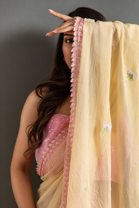 Buy Ruar India Yellow Chiffon Sequins Sweetheart Neck Canary Embroidered Saree With Blouse Online at Aza Fashions Buy_Ruar India_Yellow Chiffon Sequins Sweetheart Neck Canary Embroidered Saree With Blouse _Online_at_Aza_Fashions