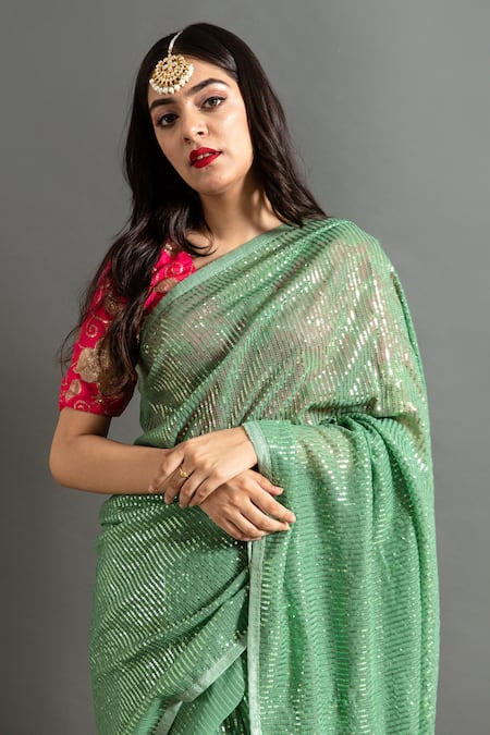 Shop Ruar India Green Georgette Sequins, Embroidery Sweetheart Neck Bhanwari Saree With Blouse Online at Aza Fashions Shop_Ruar India_Green Georgette Sequins, Embroidery Sweetheart Neck Bhanwari Saree With Blouse_Online_at_Aza_Fashions