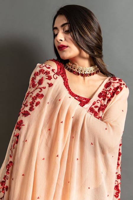 Shop Ruar India Peach Chiffon Sequins Round Neck Nand Embroidered Saree With Contrast Blouse Online at Aza Fashions Shop_Ruar India_Peach Chiffon Sequins Round Neck Nand Embroidered Saree With Contrast Blouse _Online_at_Aza_Fashions