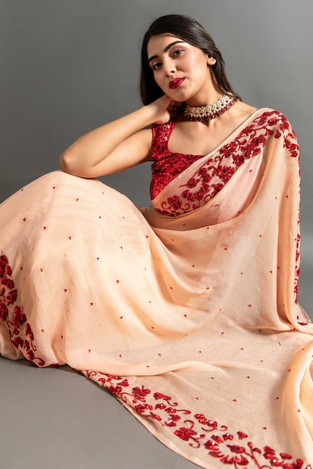 Ruar India Peach Chiffon Sequins Round Neck Nand Embroidered Saree With Contrast Blouse at Aza Fashions Ruar India_Peach Chiffon Sequins Round Neck Nand Embroidered Saree With Contrast Blouse _at_Aza_Fashions