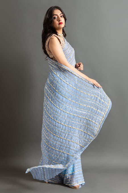Ruar India_Blue Chiffon Pearls, Sequins Round Neck Mogra Stripe Saree With Blouse _Online_at_Aza_Fashions
