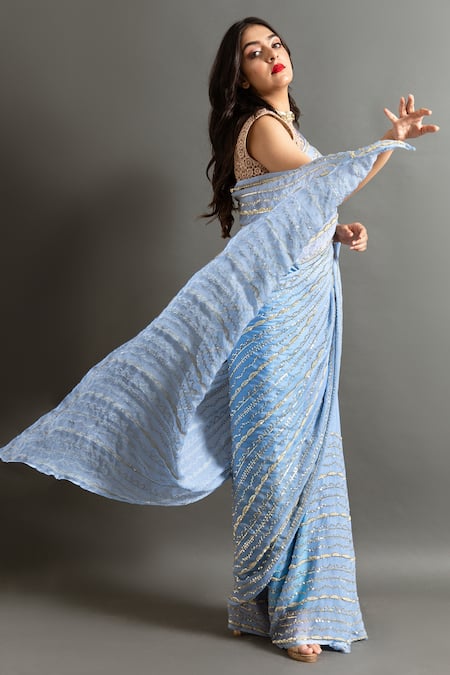 Buy_Ruar India_Blue Chiffon Pearls, Sequins Round Neck Mogra Stripe Saree With Blouse _Online_at_Aza_Fashions