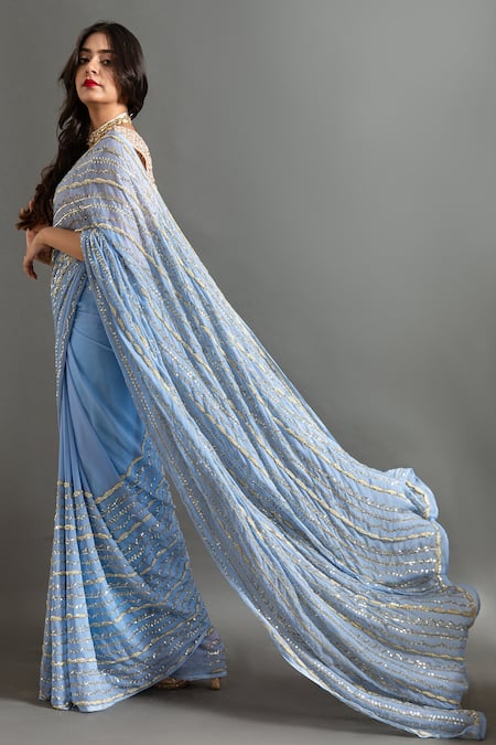 Shop_Ruar India_Blue Chiffon Pearls, Sequins Round Neck Mogra Stripe Saree With Blouse _Online_at_Aza_Fashions