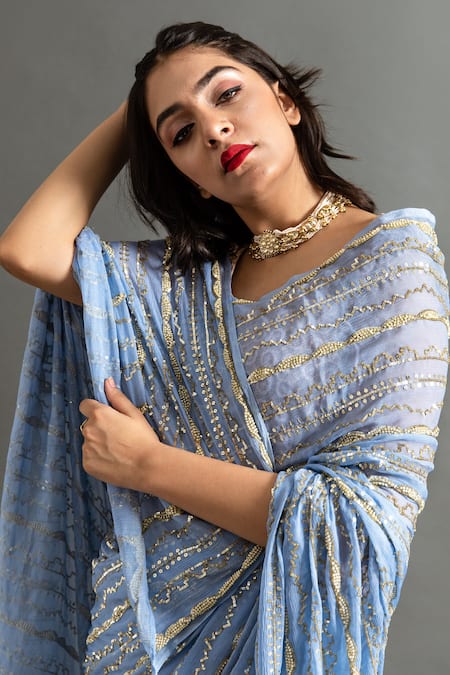 Ruar India_Blue Chiffon Pearls, Sequins Round Neck Mogra Stripe Saree With Blouse _at_Aza_Fashions