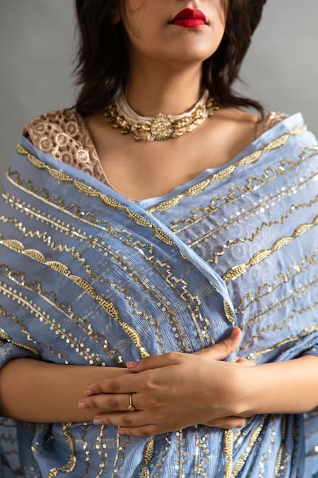 Buy_Ruar India_Blue Chiffon Pearls, Sequins Round Neck Mogra Stripe Saree With Blouse 