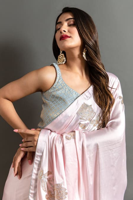 Ruar India Pink Satin Stones, Smocking Peony Blush Swarovski Embellished Saree With Blouse Online at Aza Fashions Ruar India_Pink Satin Stones, Smocking Peony Blush Swarovski Embellished Saree With Blouse _Online_at_Aza_Fashions