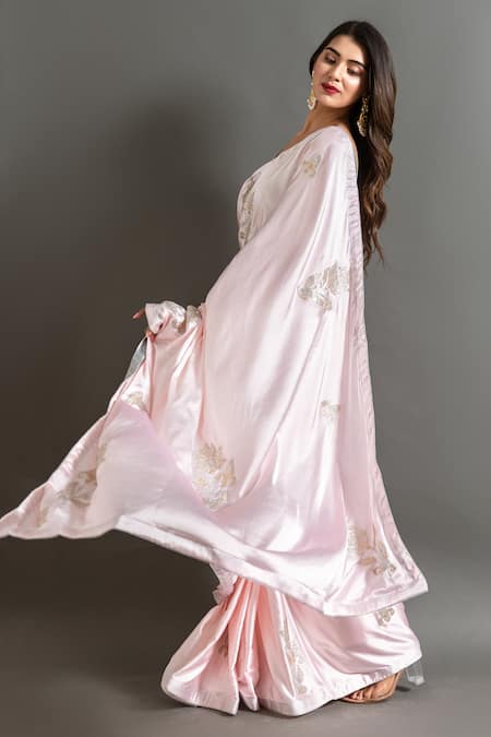 Buy Ruar India Pink Satin Stones, Smocking Peony Blush Swarovski Embellished Saree With Blouse Online at Aza Fashions Buy_Ruar India_Pink Satin Stones, Smocking Peony Blush Swarovski Embellished Saree With Blouse _Online_at_Aza_Fashions
