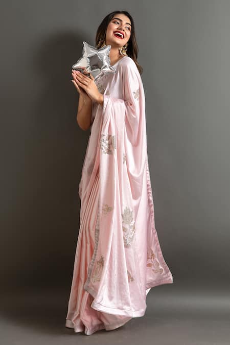 Shop Ruar India Pink Satin Stones, Smocking Peony Blush Swarovski Embellished Saree With Blouse Online at Aza Fashions Shop_Ruar India_Pink Satin Stones, Smocking Peony Blush Swarovski Embellished Saree With Blouse _Online_at_Aza_Fashions