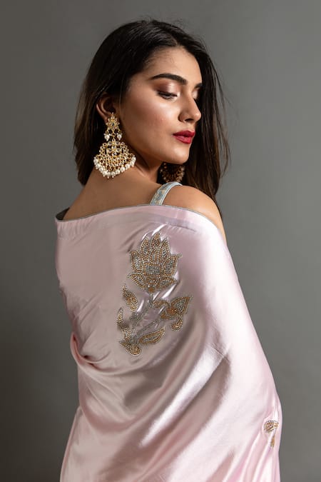 Ruar India Pink Satin Stones, Smocking Peony Blush Swarovski Embellished Saree With Blouse at Aza Fashions Ruar India_Pink Satin Stones, Smocking Peony Blush Swarovski Embellished Saree With Blouse _at_Aza_Fashions