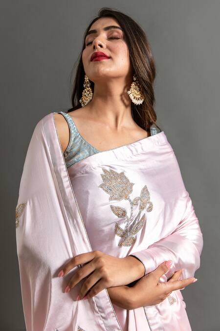 Buy Ruar India Pink Satin Stones, Smocking Peony Blush Swarovski Embellished Saree With Blouse Buy_Ruar India_Pink Satin Stones, Smocking Peony Blush Swarovski Embellished Saree With Blouse
