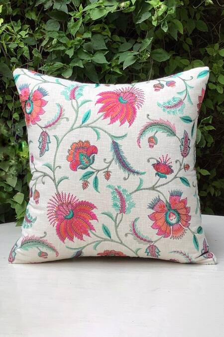 Studio Covers Beige Cotton Polyester Blend Thread Embroidered Floral Blush Cushion Cover