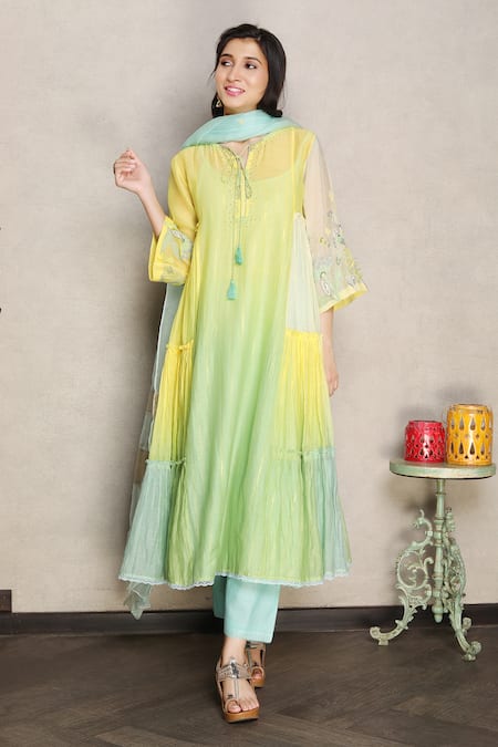 Buy_Falguni.Foram_Yellow , Cotton, Organza Sequins, Embroidery Placket Anarkali Pant Set _Online_at_Aza_Fashions
