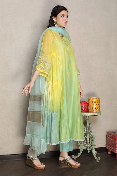 Shop_Falguni.Foram_Yellow , Cotton, Organza Sequins, Embroidery Placket Anarkali Pant Set _Online_at_Aza_Fashions