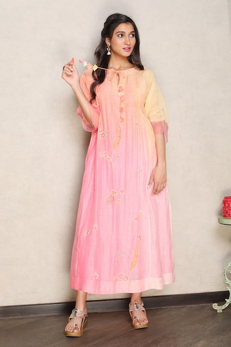 Falguni.Foram Pink Silk, Cotton Sequins, Embroidery Split V-neck Hand Kurta With Slip Online at Aza Fashions Falguni.Foram_Pink Silk, Cotton Sequins, Embroidery Split V-neck Hand Kurta With Slip _Online_at_Aza_Fashions