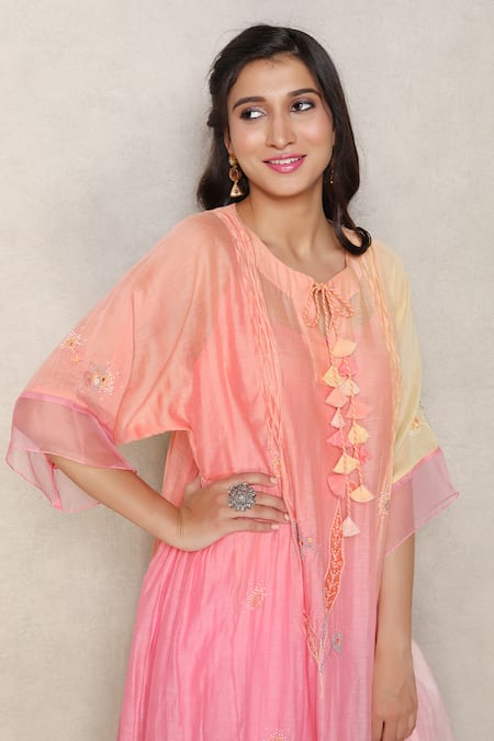 Shop Falguni.Foram Pink Silk, Cotton Sequins, Embroidery Split V-neck Hand Kurta With Slip Online at Aza Fashions Shop_Falguni.Foram_Pink Silk, Cotton Sequins, Embroidery Split V-neck Hand Kurta With Slip _Online_at_Aza_Fashions