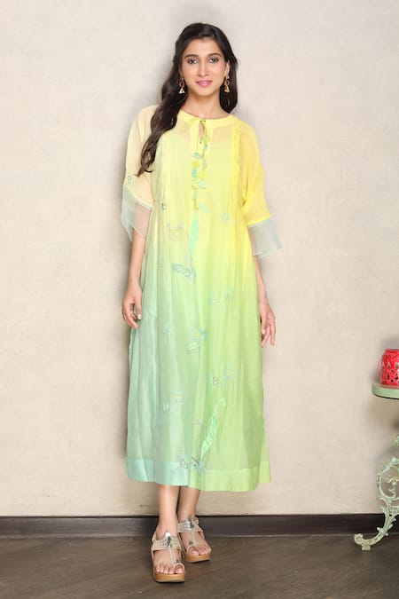 Falguni.Foram_Yellow Silk, Chanderi Sequins, Embroidery Split V-neck Kurta With Slip _Online_at_Aza_Fashions