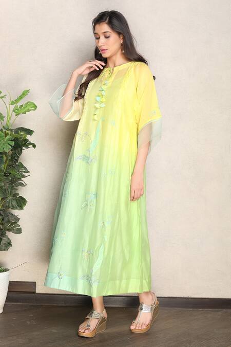 Buy_Falguni.Foram_Yellow Silk, Chanderi Sequins, Embroidery Split V-neck Kurta With Slip _Online_at_Aza_Fashions