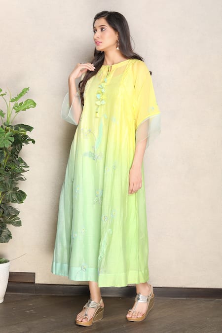 Shop_Falguni.Foram_Yellow Silk, Chanderi Sequins, Embroidery Split V-neck Kurta With Slip _Online_at_Aza_Fashions