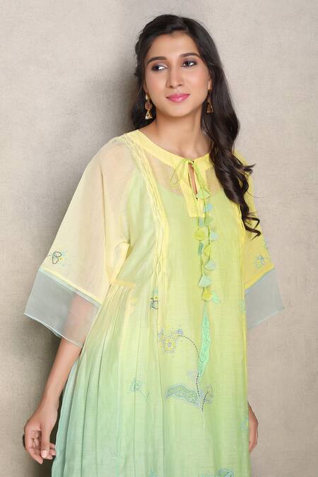 Buy_Falguni.Foram_Yellow Silk, Chanderi Sequins, Embroidery Split V-neck Kurta With Slip 