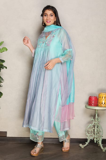 Falguni.Foram Blue , Cotton, Organza Sequins, Embroidery V-neck Kurta Pant Set Online at Aza Fashions Falguni.Foram_Blue , Cotton, Organza Sequins, Embroidery V-neck Kurta Pant Set _Online_at_Aza_Fashions