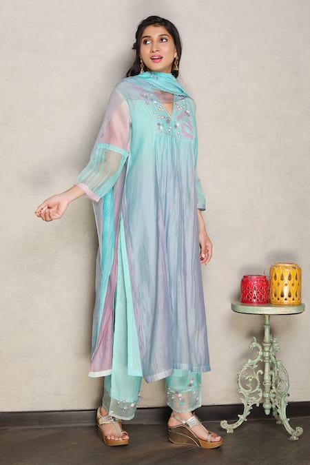 Buy Falguni.Foram Blue , Cotton, Organza Sequins, Embroidery V-neck Kurta Pant Set Online at Aza Fashions Buy_Falguni.Foram_Blue , Cotton, Organza Sequins, Embroidery V-neck Kurta Pant Set _Online_at_Aza_Fashions