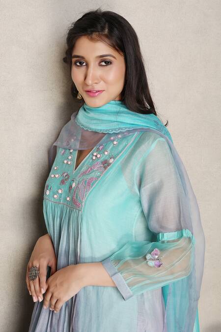 Shop Falguni.Foram Blue , Cotton, Organza Sequins, Embroidery V-neck Kurta Pant Set Online at Aza Fashions Shop_Falguni.Foram_Blue , Cotton, Organza Sequins, Embroidery V-neck Kurta Pant Set _Online_at_Aza_Fashions