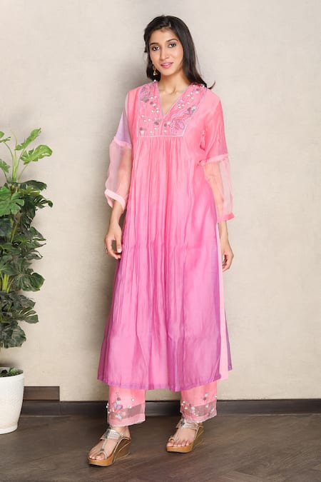 Falguni.Foram Pink , Cotton, Organza Sequins, Embroidery V-neck Yoke Kurta Pant Set Online at Aza Fashions Falguni.Foram_Pink , Cotton, Organza Sequins, Embroidery V-neck Yoke Kurta Pant Set _Online_at_Aza_Fashions