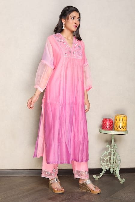 Buy Falguni.Foram Pink , Cotton, Organza Sequins, Embroidery V-neck Yoke Kurta Pant Set Online at Aza Fashions Buy_Falguni.Foram_Pink , Cotton, Organza Sequins, Embroidery V-neck Yoke Kurta Pant Set _Online_at_Aza_Fashions