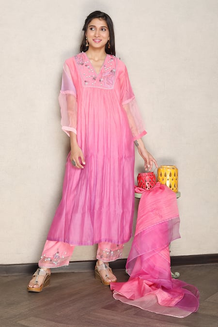 Shop Falguni.Foram Pink , Cotton, Organza Sequins, Embroidery V-neck Yoke Kurta Pant Set Online at Aza Fashions Shop_Falguni.Foram_Pink , Cotton, Organza Sequins, Embroidery V-neck Yoke Kurta Pant Set _Online_at_Aza_Fashions