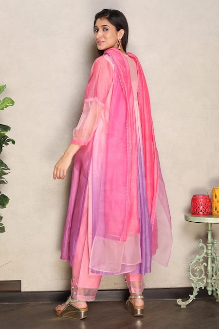 Shop Falguni.Foram Pink , Cotton, Organza Sequins, Embroidery V-neck Yoke Kurta Pant Set Shop_Falguni.Foram_Pink , Cotton, Organza Sequins, Embroidery V-neck Yoke Kurta Pant Set