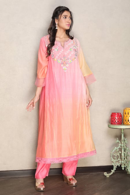 Falguni.Foram_Pink Silk, Chanderi, Lurex, Cotton Sequins, Embroidery Yoke Kurta And Pant Set _Online_at_Aza_Fashions