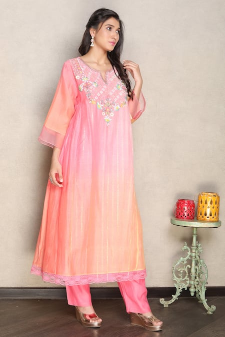 Buy_Falguni.Foram_Pink Silk, Chanderi, Lurex, Cotton Sequins, Embroidery Yoke Kurta And Pant Set _Online_at_Aza_Fashions