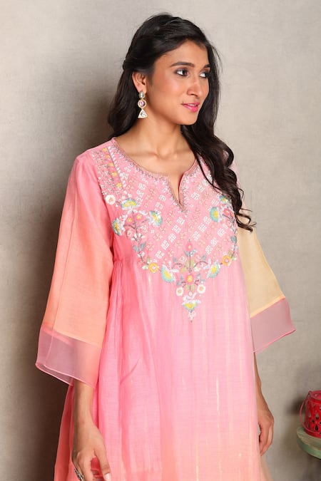 Shop_Falguni.Foram_Pink Silk, Chanderi, Lurex, Cotton Sequins, Embroidery Yoke Kurta And Pant Set _Online_at_Aza_Fashions