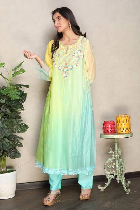 Falguni.Foram_Yellow Silk, Chanderi, Lurex, Cotton Embroidery, Sequins Yoke Kurta And Pant Set _Online_at_Aza_Fashions