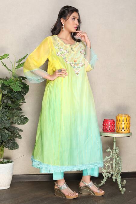 Buy_Falguni.Foram_Yellow Silk, Chanderi, Lurex, Cotton Embroidery, Sequins Yoke Kurta And Pant Set _Online_at_Aza_Fashions