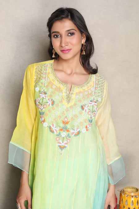 Shop_Falguni.Foram_Yellow Silk, Chanderi, Lurex, Cotton Embroidery, Sequins Yoke Kurta And Pant Set _Online_at_Aza_Fashions