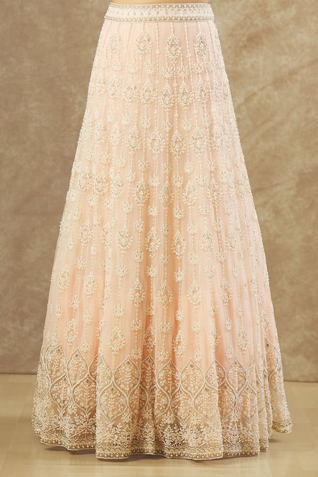 Shop_Keerthi Kadire_Pink Net Embroidery, Pearls Round Neck Hand Bridal Lehenga Set _Online_at_Aza_Fashions