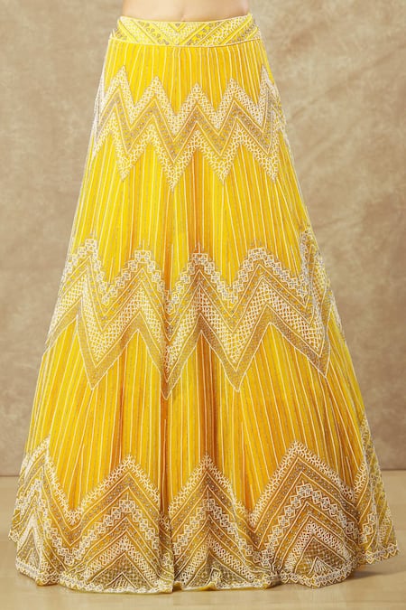 Shop_Keerthi Kadire_Yellow Net Pearls Sweetheart Neck Embroidered Blouse Bridal Lehenga Set _Online_at_Aza_Fashions