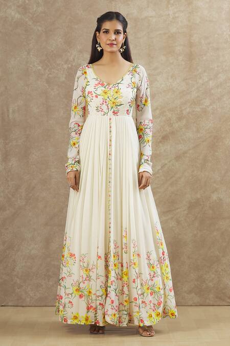 Keerthi Kadire_Off White Georgette Printed Floral V Neck Anarkali _Online_at_Aza_Fashions