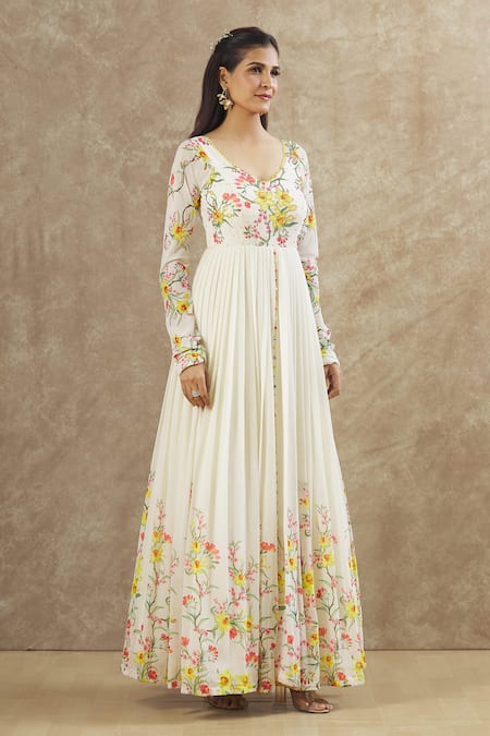 Buy_Keerthi Kadire_Off White Georgette Printed Floral V Neck Anarkali _Online_at_Aza_Fashions