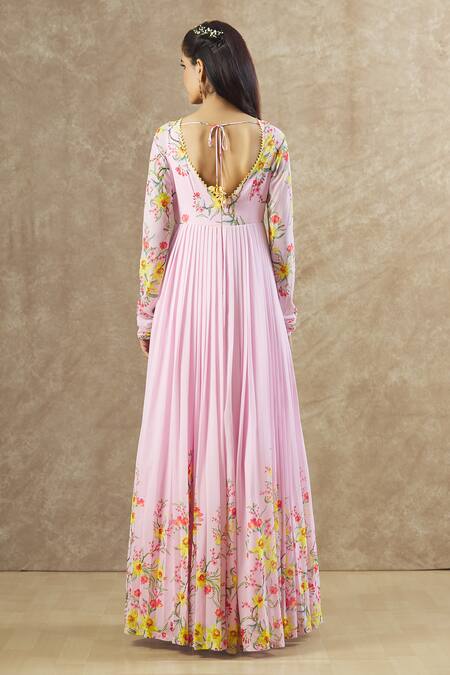 Shop_Keerthi Kadire_Pink Georgette Printed Floral V Neck Pattern Anarkali _at_Aza_Fashions