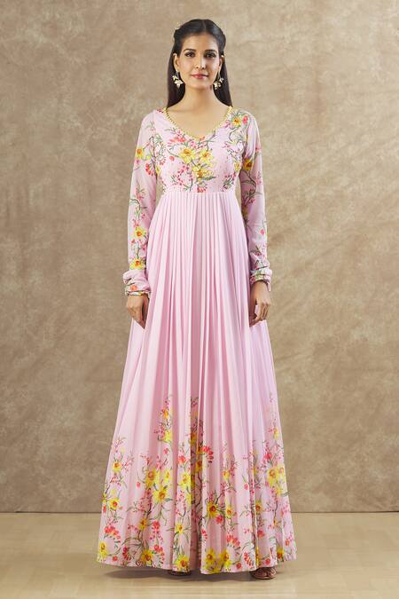 Keerthi Kadire_Pink Georgette Printed Floral V Neck Pattern Anarkali _Online_at_Aza_Fashions