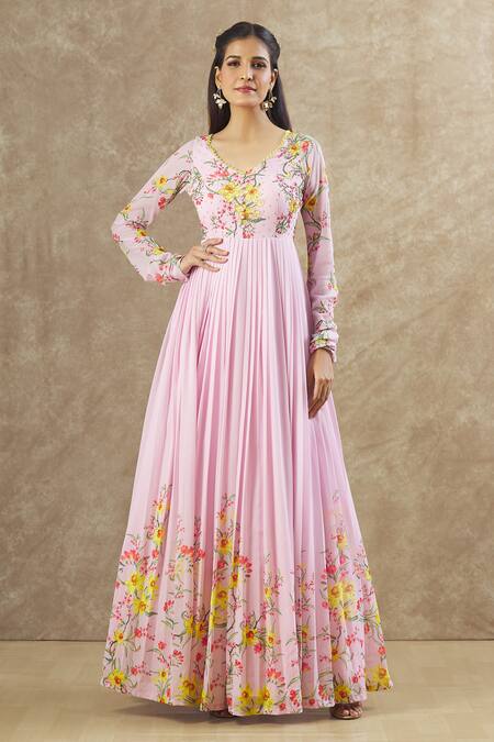 Buy_Keerthi Kadire_Pink Georgette Printed Floral V Neck Pattern Anarkali _Online_at_Aza_Fashions