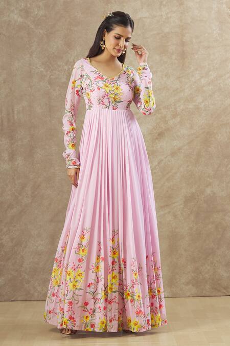 Shop_Keerthi Kadire_Pink Georgette Printed Floral V Neck Pattern Anarkali _Online_at_Aza_Fashions