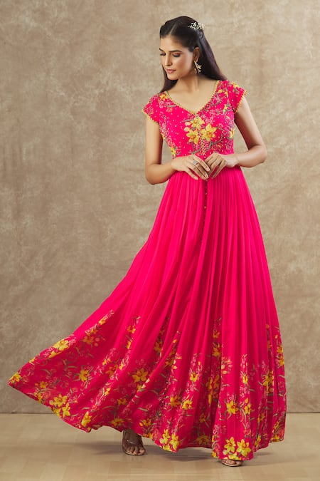 PINK - PARTY WEAR GOWN WITH NECK LINE HAND WORK & DUPATTA