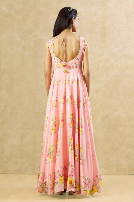 Shop Keerthi Kadire Peach Chinon Silk Printed Floral Round V Neck Pattern Anarkali at Aza Fashions Shop_Keerthi Kadire_Peach Chinon Silk Printed Floral Round V Neck Pattern Anarkali_at_Aza_Fashions