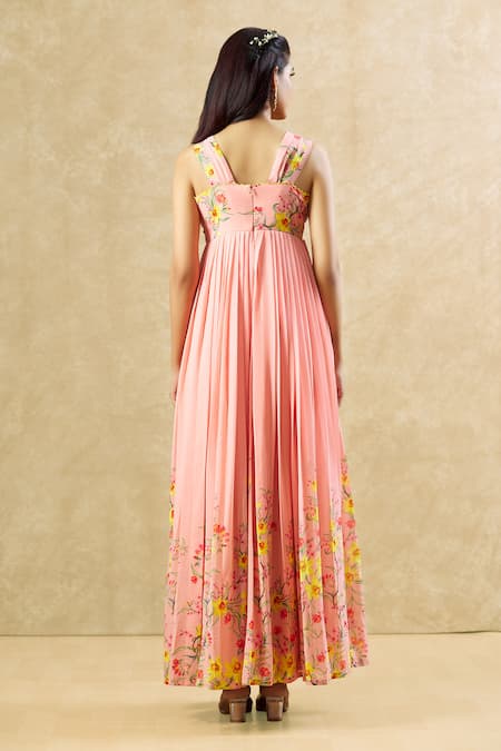 Shop_Keerthi Kadire_Peach Georgette Embroidery, Sequins, Beads Sweetheart Floral Print Maxi Dress _at_Aza_Fashions