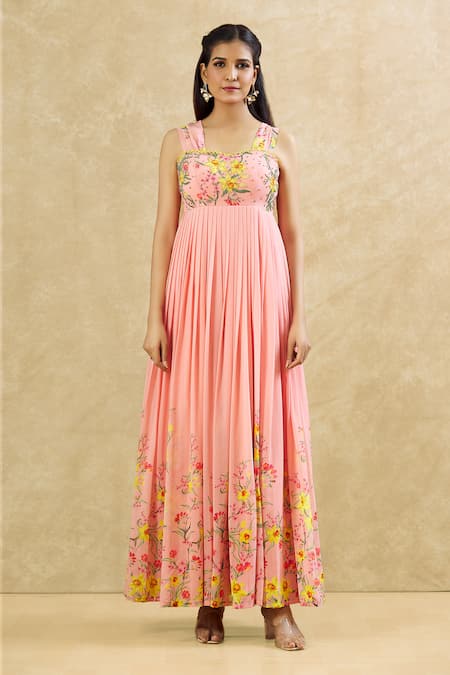 Keerthi Kadire_Peach Georgette Embroidery, Sequins, Beads Sweetheart Floral Print Maxi Dress _Online_at_Aza_Fashions
